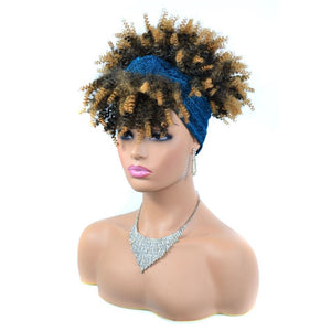 Afro Kinky Curly Headband Wig Short Ombre Curly Wig with Head Band Heat Resistant Synthetic Turban Wrap Wigs for Black Women